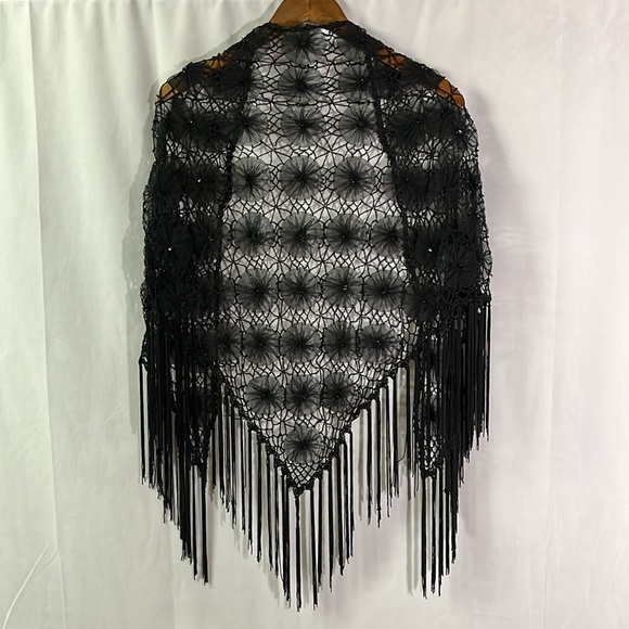 Black Crochet Beaded Floral Fringe Shawl - Picture 2 of 15
